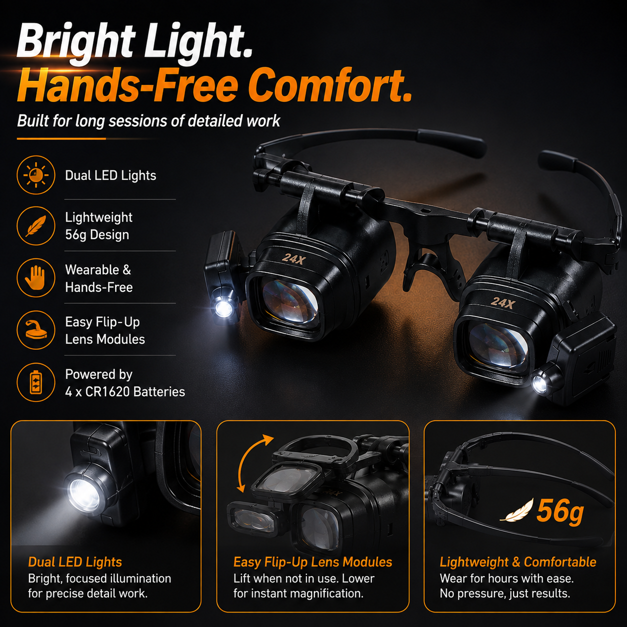 🔍 See Every Tiny Detail — 24X LED Hands-Free Magnifier for Precision Work 💡🔧
