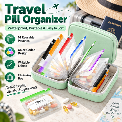 💊 14-Pouch Travel Pill Organizer | Waterproof, Color-Coded & Reusable Medicine Storage Case ✈️