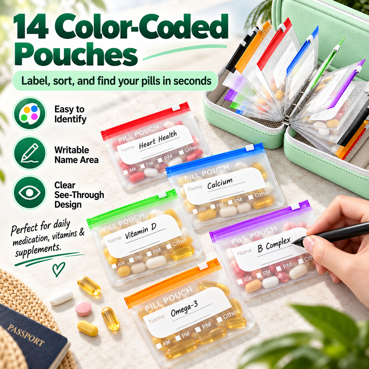 💊 14-Pouch Travel Pill Organizer | Waterproof, Color-Coded & Reusable Medicine Storage Case ✈️