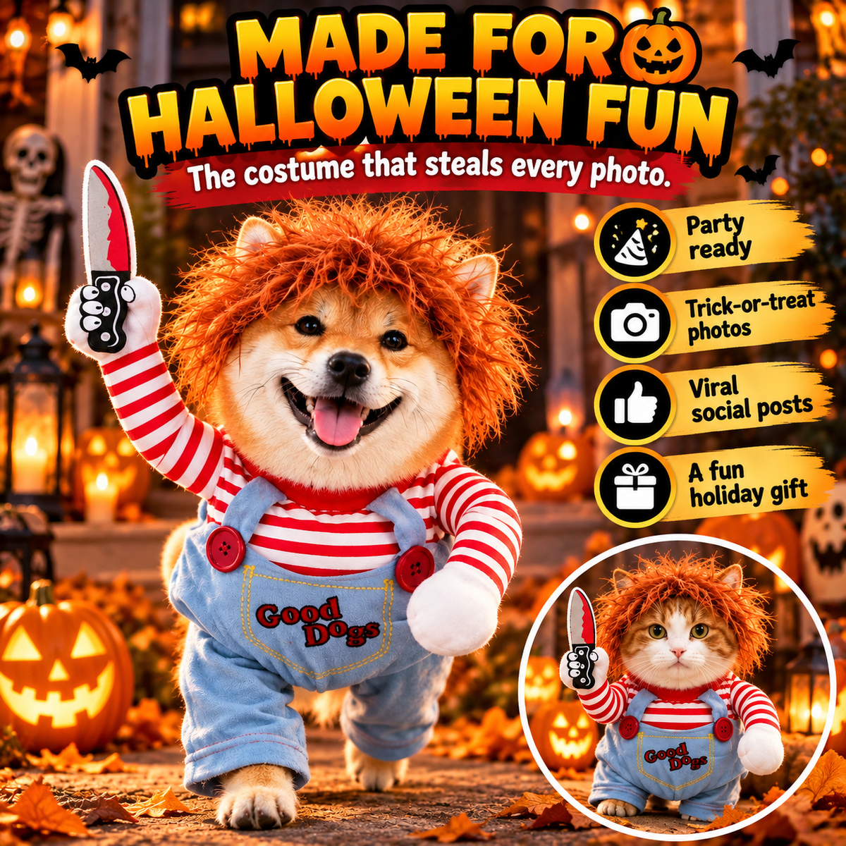 🎃 Funny Halloween Pet Costume – Turn Your Dog or Cat Into the Party Star! 🐶🔪🐱