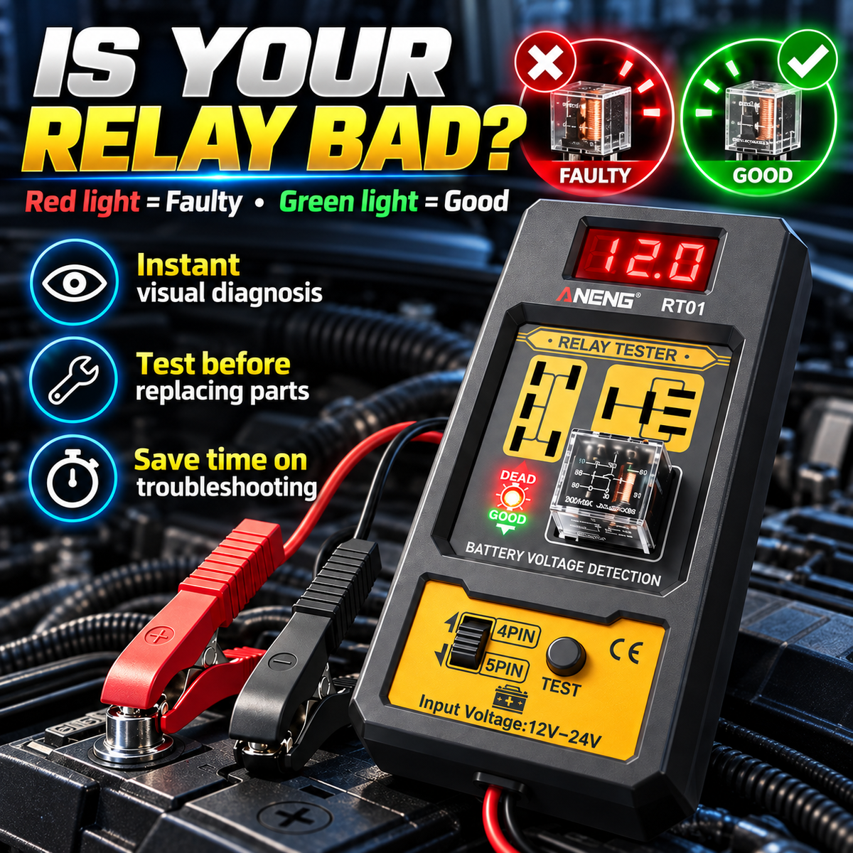 🚗 Find Bad Relays in Seconds ⚡ 12V–24V Automotive Relay & Battery Voltage Tester