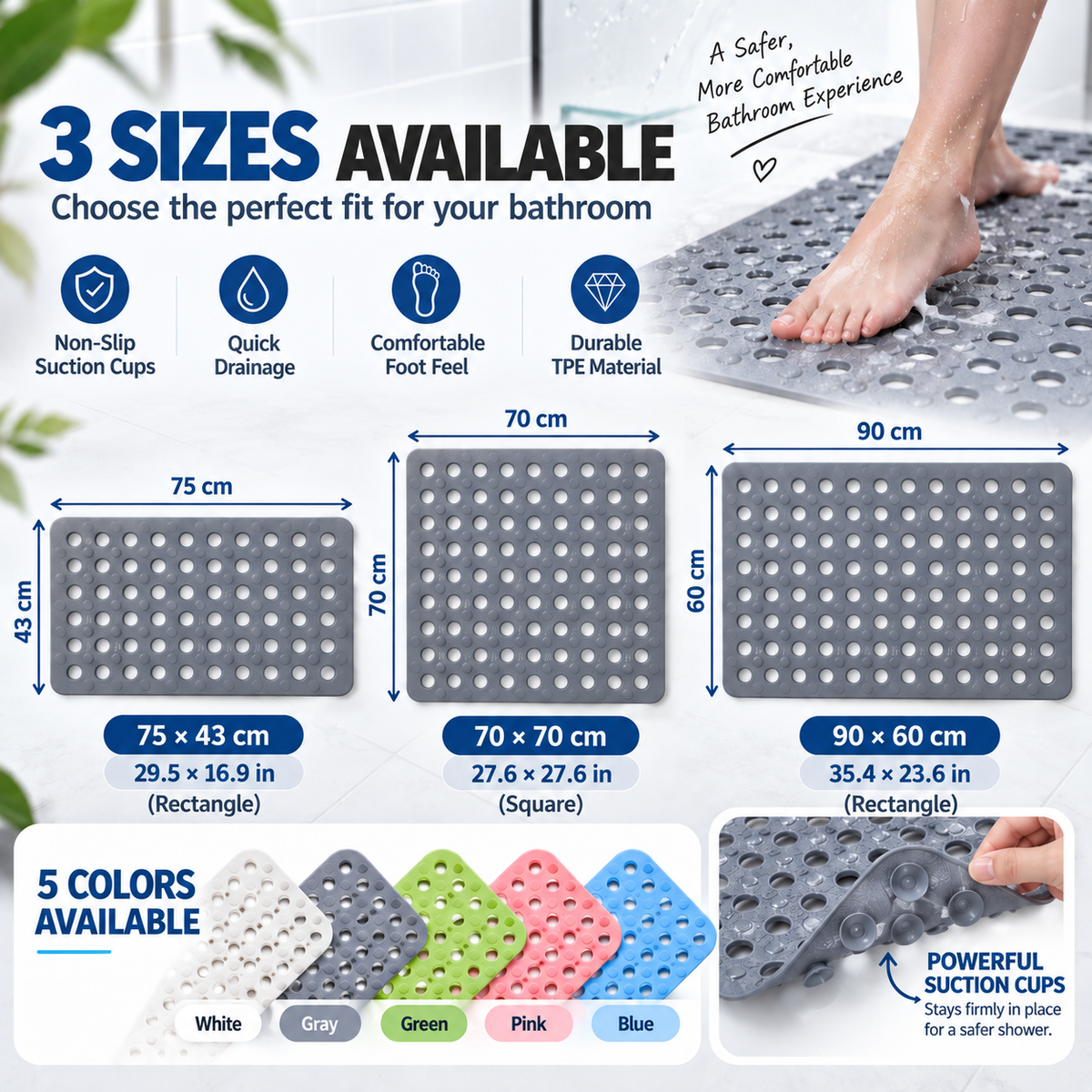 🛁 Anti-Slip Suction Shower Mat — Powerful Grip, Fast Drainage & Safer Steps 💧