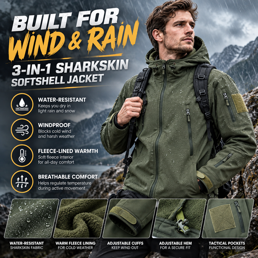 🧥 3-in-1 Sharkskin Softshell Jacket – 🌧️ Water-Resistant, 💨 Windproof & 🔥 Fleece-Lined Warmth for Outdoor Adventures