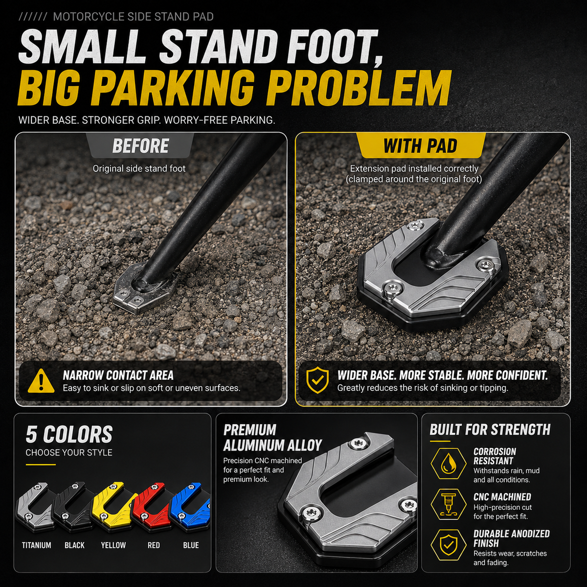 Motorcycle Kickstand Foot Side Stand Extension Pad