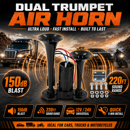 📣 ThunderBlast Dual Trumpet Air Horn — Ultra-Loud 12V/24V Power for Cars, Trucks & Motorcycles