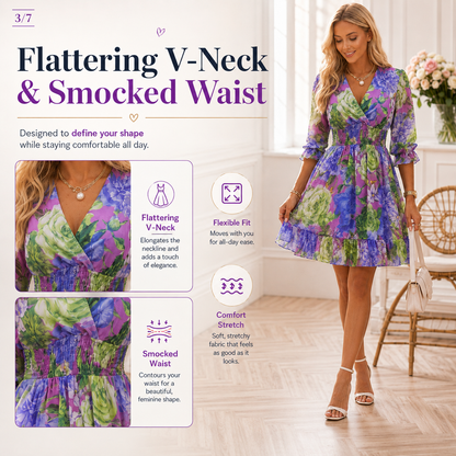 Floral V-Neck A-Line Dress – Smocked Waist, Ruffled Hem, Summer Ready 🌸