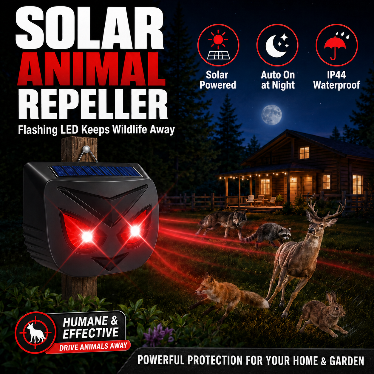 🦌 Solar Animal Repeller – Powerful Flashing LED Wildlife Deterrent | ☀️ Solar Powered · 🌙 Auto Night Activation · 🌧️ IP44 Waterproof