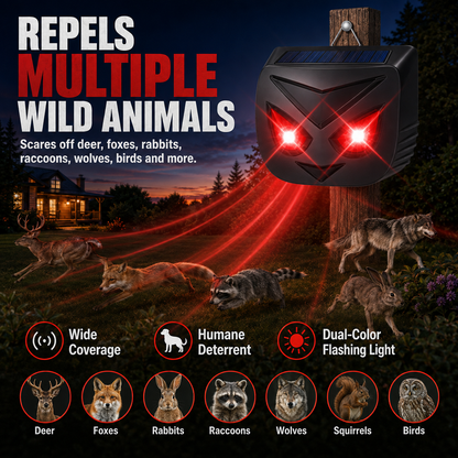 🦌 Solar Animal Repeller – Powerful Flashing LED Wildlife Deterrent | ☀️ Solar Powered · 🌙 Auto Night Activation · 🌧️ IP44 Waterproof