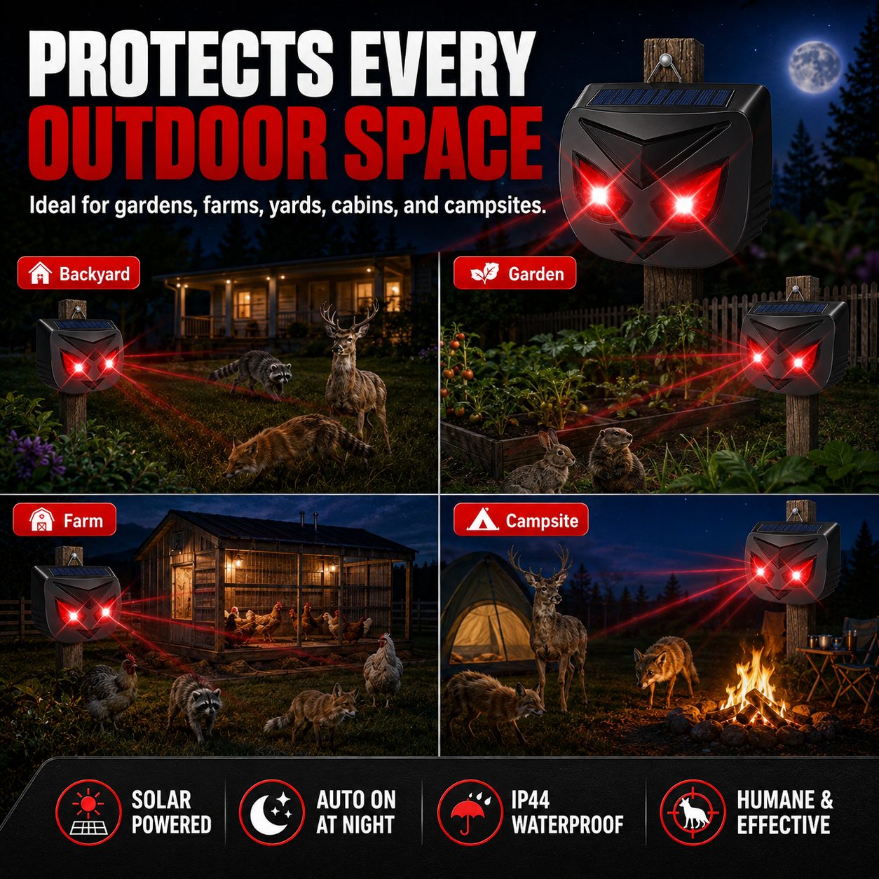 🦌 Solar Animal Repeller – Powerful Flashing LED Wildlife Deterrent | ☀️ Solar Powered · 🌙 Auto Night Activation · 🌧️ IP44 Waterproof