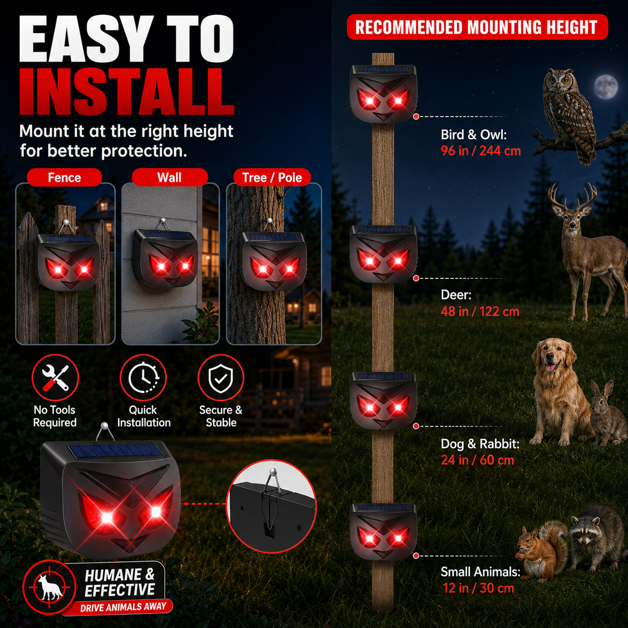 🦌 Solar Animal Repeller – Powerful Flashing LED Wildlife Deterrent | ☀️ Solar Powered · 🌙 Auto Night Activation · 🌧️ IP44 Waterproof