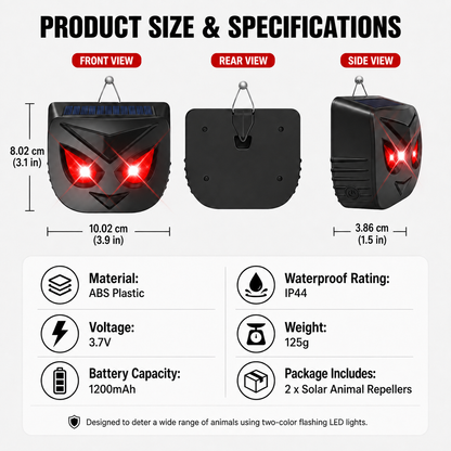 🦌 Solar Animal Repeller – Powerful Flashing LED Wildlife Deterrent | ☀️ Solar Powered · 🌙 Auto Night Activation · 🌧️ IP44 Waterproof