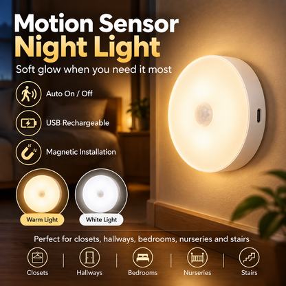 💡 Smart Motion Sensor Night Light – Auto On/Off, USB Rechargeable & Easy Magnetic Installation