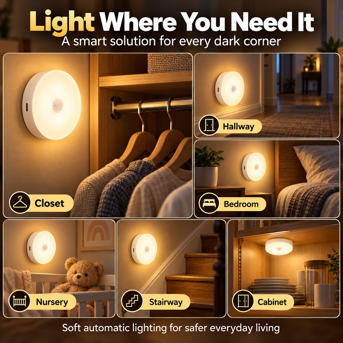 💡 Smart Motion Sensor Night Light – Auto On/Off, USB Rechargeable & Easy Magnetic Installation