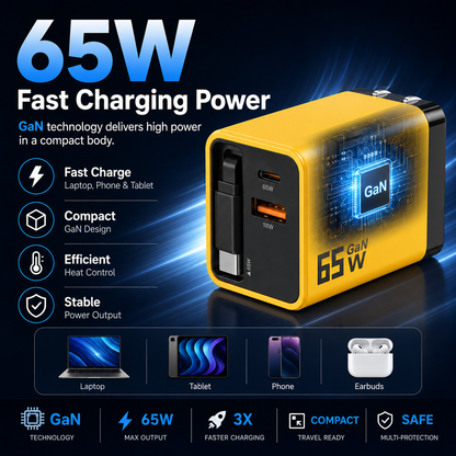 65W GaN Fast Charger with Retractable Type-C Cable – 3-in-1 USB-C & USB-A Travel Charger for Phone, Tablet & Laptop🔋