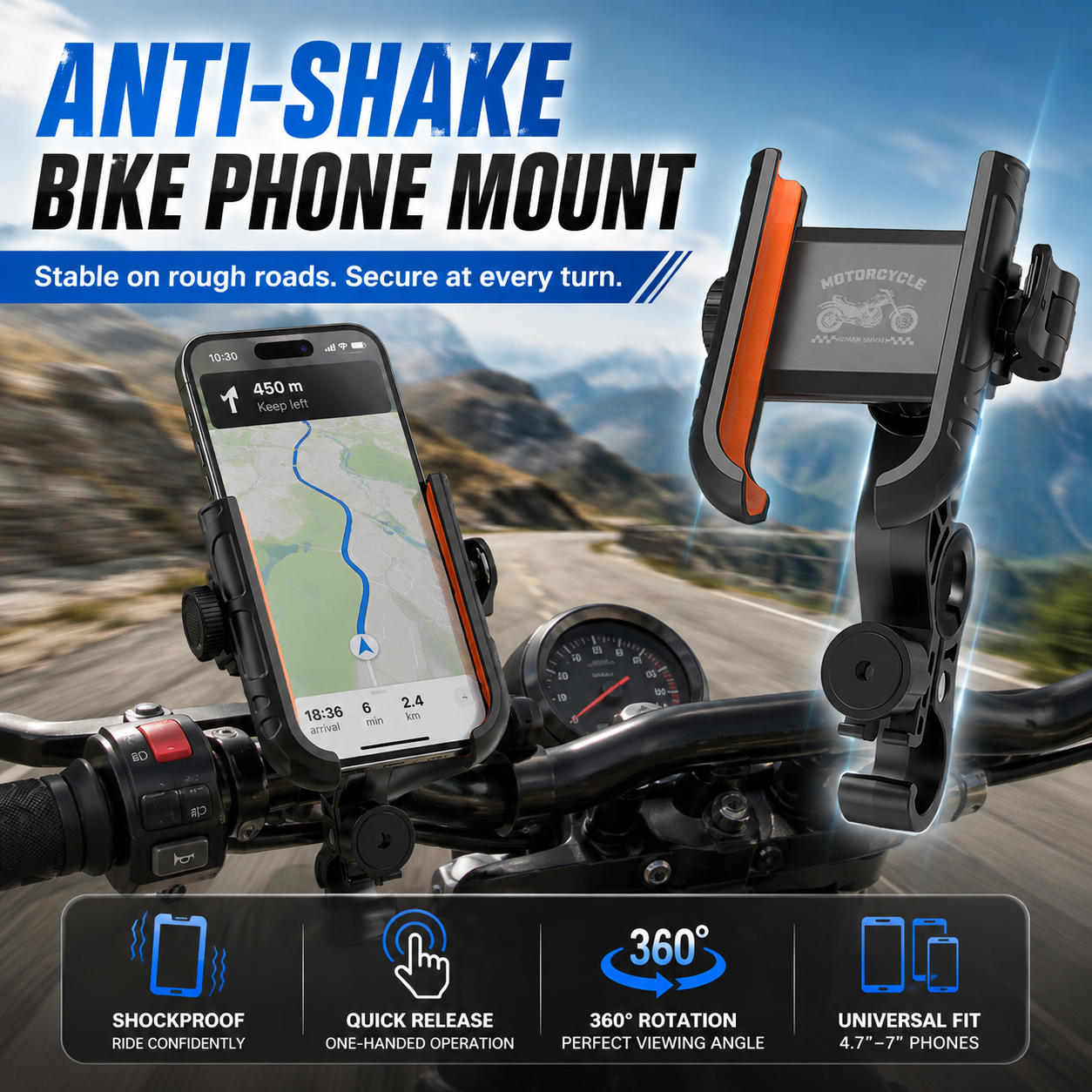 🏍️ No More Shaky Phones — Anti-Shake 360° Motorcycle Phone Mount 🔒📱