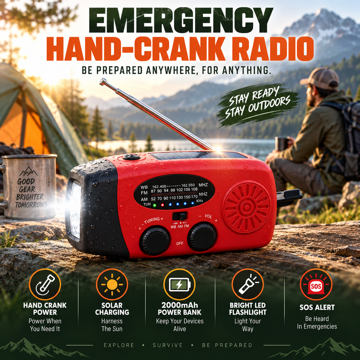 ⚡ 2000mAh Emergency Hand-Crank Radio – Solar Power, SOS Alert & LED Flashlight
