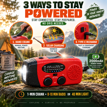 ⚡ 2000mAh Emergency Hand-Crank Radio – Solar Power, SOS Alert & LED Flashlight