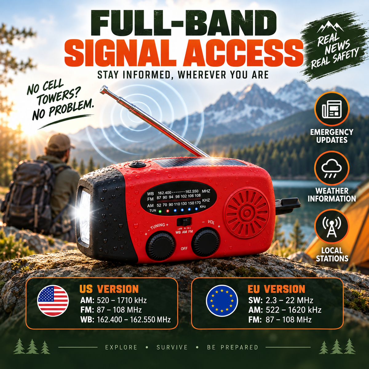 ⚡ 2000mAh Emergency Hand-Crank Radio – Solar Power, SOS Alert & LED Flashlight