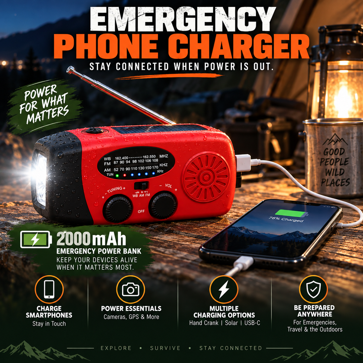 ⚡ 2000mAh Emergency Hand-Crank Radio – Solar Power, SOS Alert & LED Flashlight