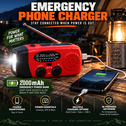 ⚡ 2000mAh Emergency Hand-Crank Radio – Solar Power, SOS Alert & LED Flashlight