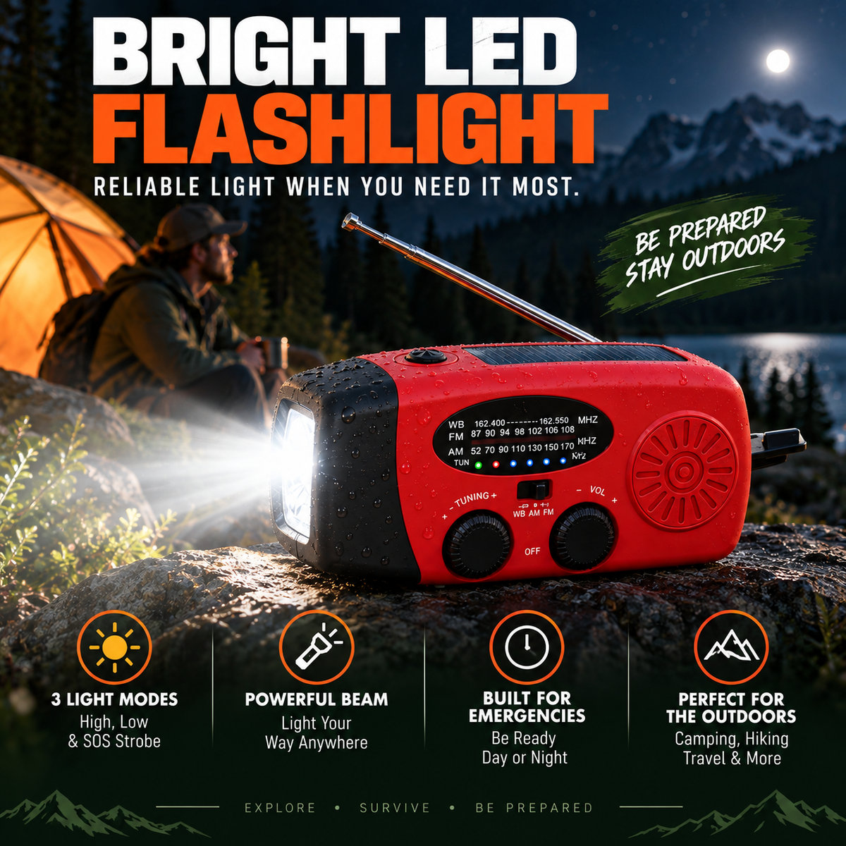 ⚡ 2000mAh Emergency Hand-Crank Radio – Solar Power, SOS Alert & LED Flashlight