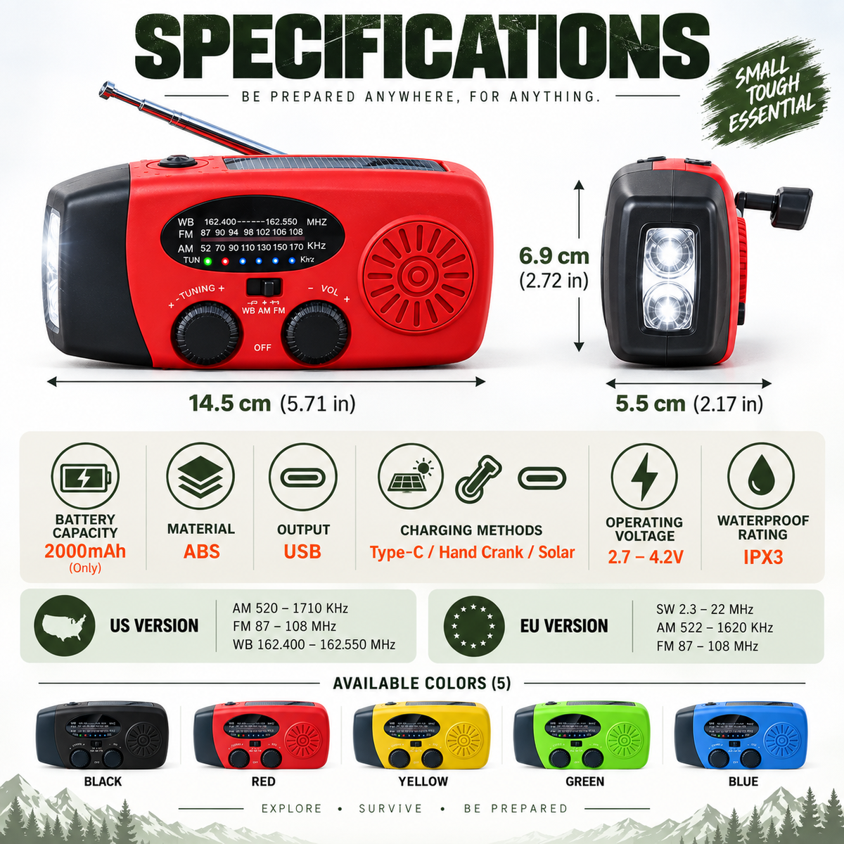 ⚡ 2000mAh Emergency Hand-Crank Radio – Solar Power, SOS Alert & LED Flashlight