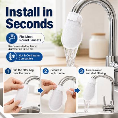Disposable Faucet Filter Bags – 50PCS + 5 Ties | Cleaner Water for Daily Washing🚰