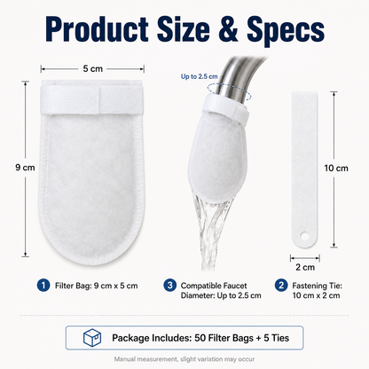Disposable Faucet Filter Bags – 50PCS + 5 Ties | Cleaner Water for Daily Washing🚰
