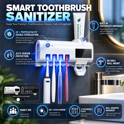 🪥 3-in-1 Smart UV Toothbrush Sanitizer – ✨ Keep Brushes Cleaner, Auto Toothpaste Dispenser & Space-Saving Wall Mount
