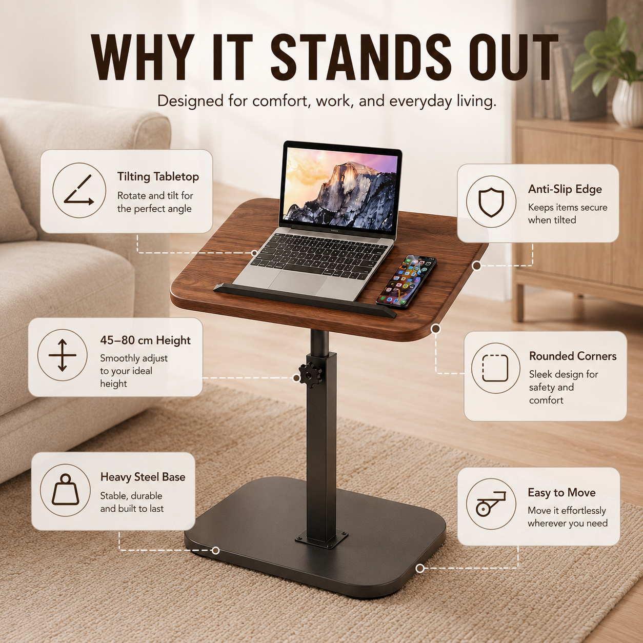 🛋️ Adjustable Flip-Top Sofa Side Table | Compact, Versatile & Perfect for Work or Relaxation ✨