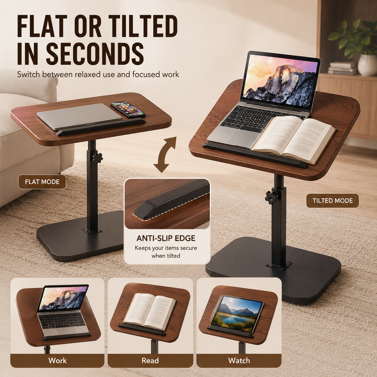 🛋️ Adjustable Flip-Top Sofa Side Table | Compact, Versatile & Perfect for Work or Relaxation ✨