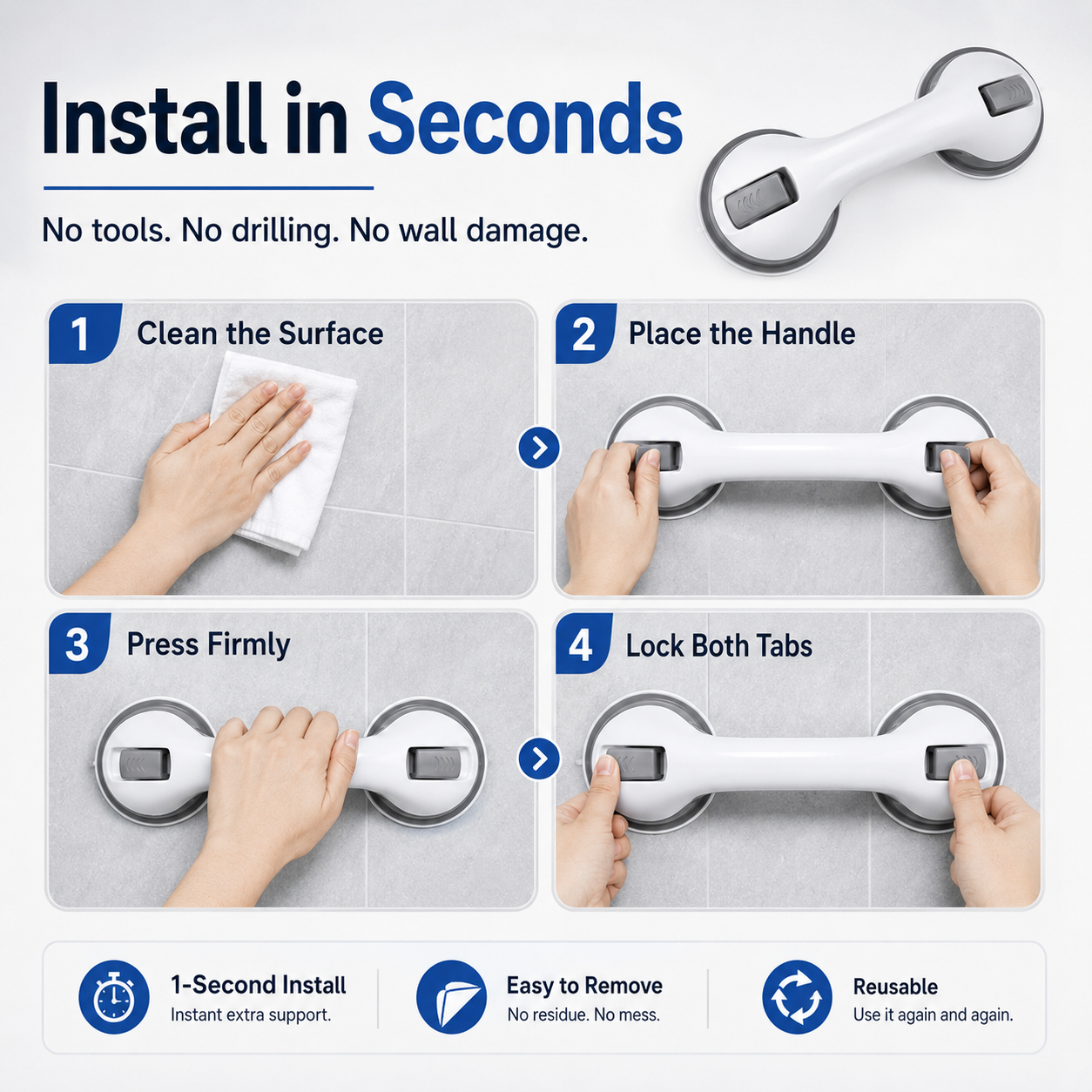 🛁 Strong Suction, Safer Steps — No-Drill Bathroom Grab Bar 🛡️