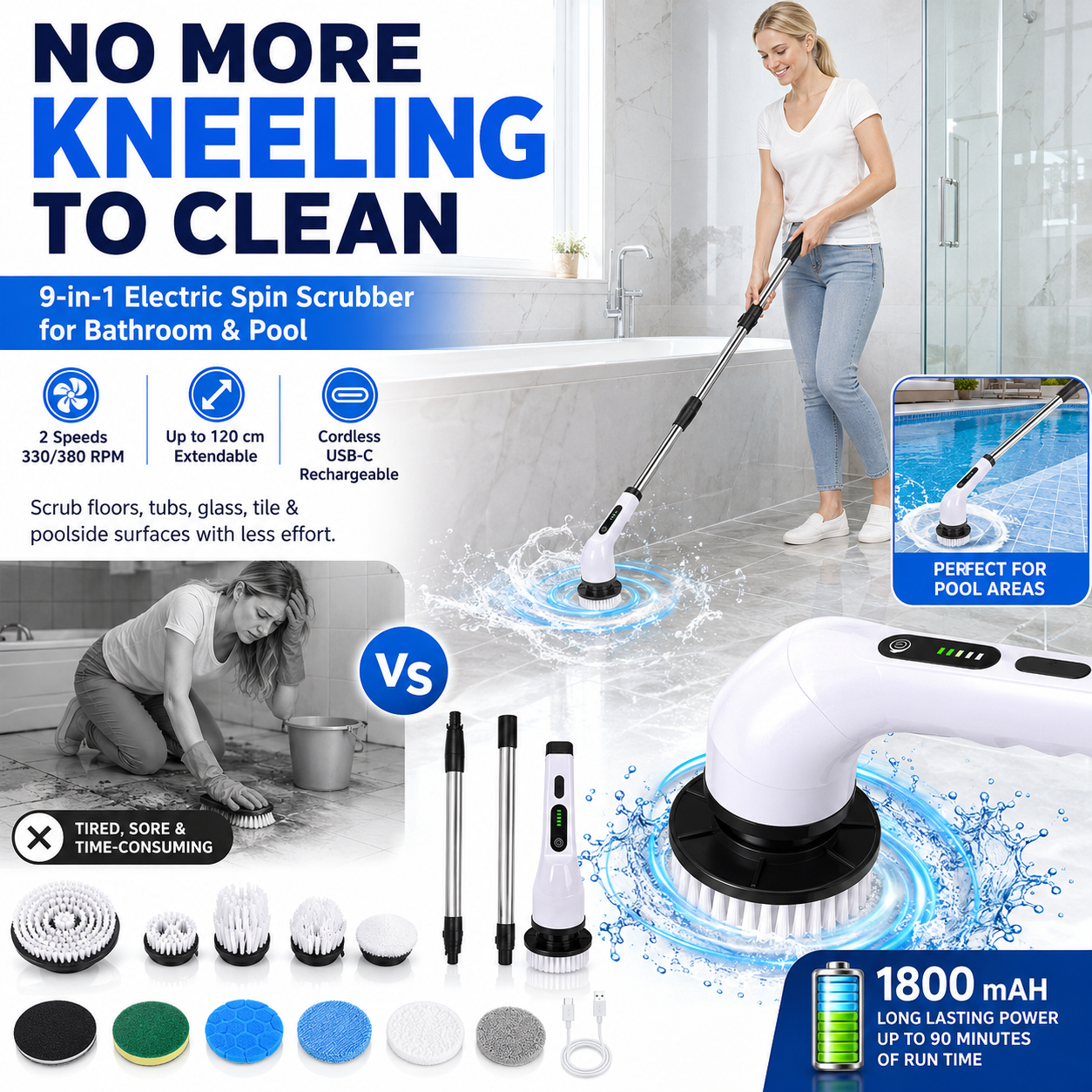🧼 9-in-1 Electric Spin Scrubber — Deep Clean Without Kneeling or Bending ✨