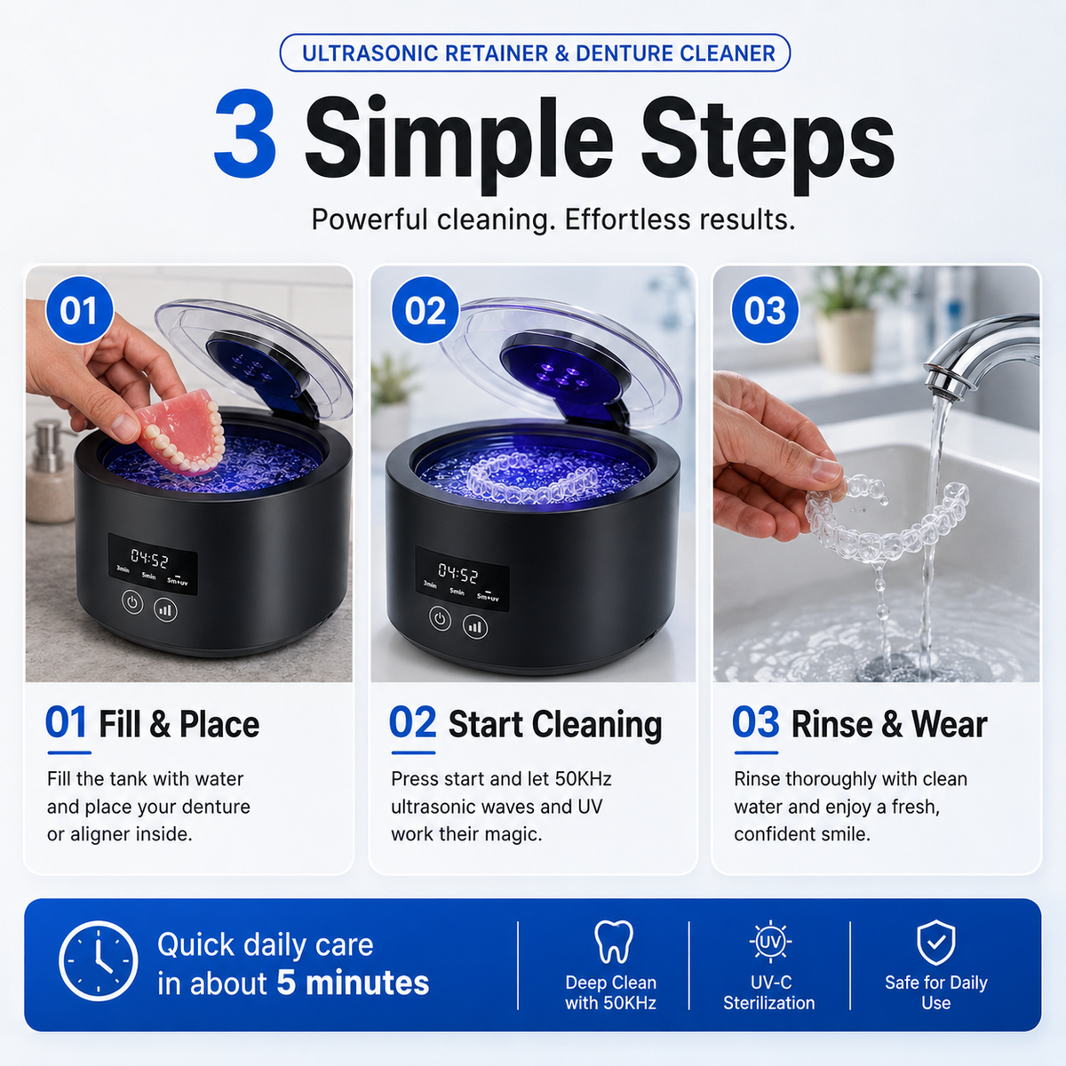 ✨ 50kHz Ultrasonic Denture & Retainer Cleaner – Deep Clean in Just 5 Minutes 🦷💧