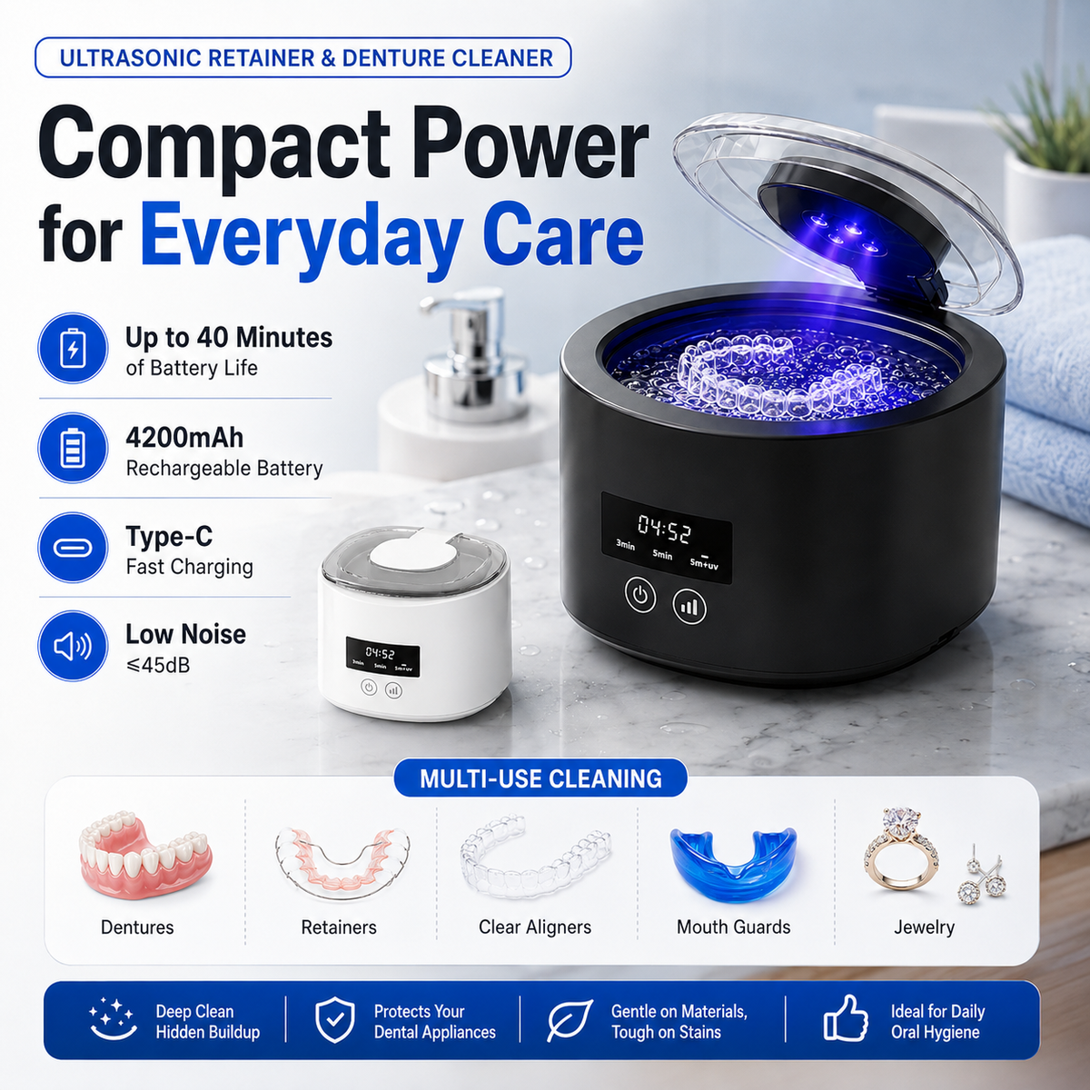 ✨ 50kHz Ultrasonic Denture & Retainer Cleaner – Deep Clean in Just 5 Minutes 🦷💧