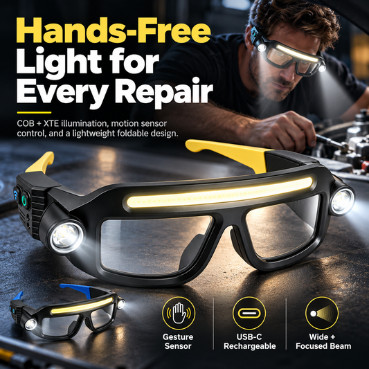 🔦 Hands-Free LED Glasses Headlamp – COB + XTE Ultra-Bright Lighting for Auto Repair, DIY & Outdoor Adventures ⚡