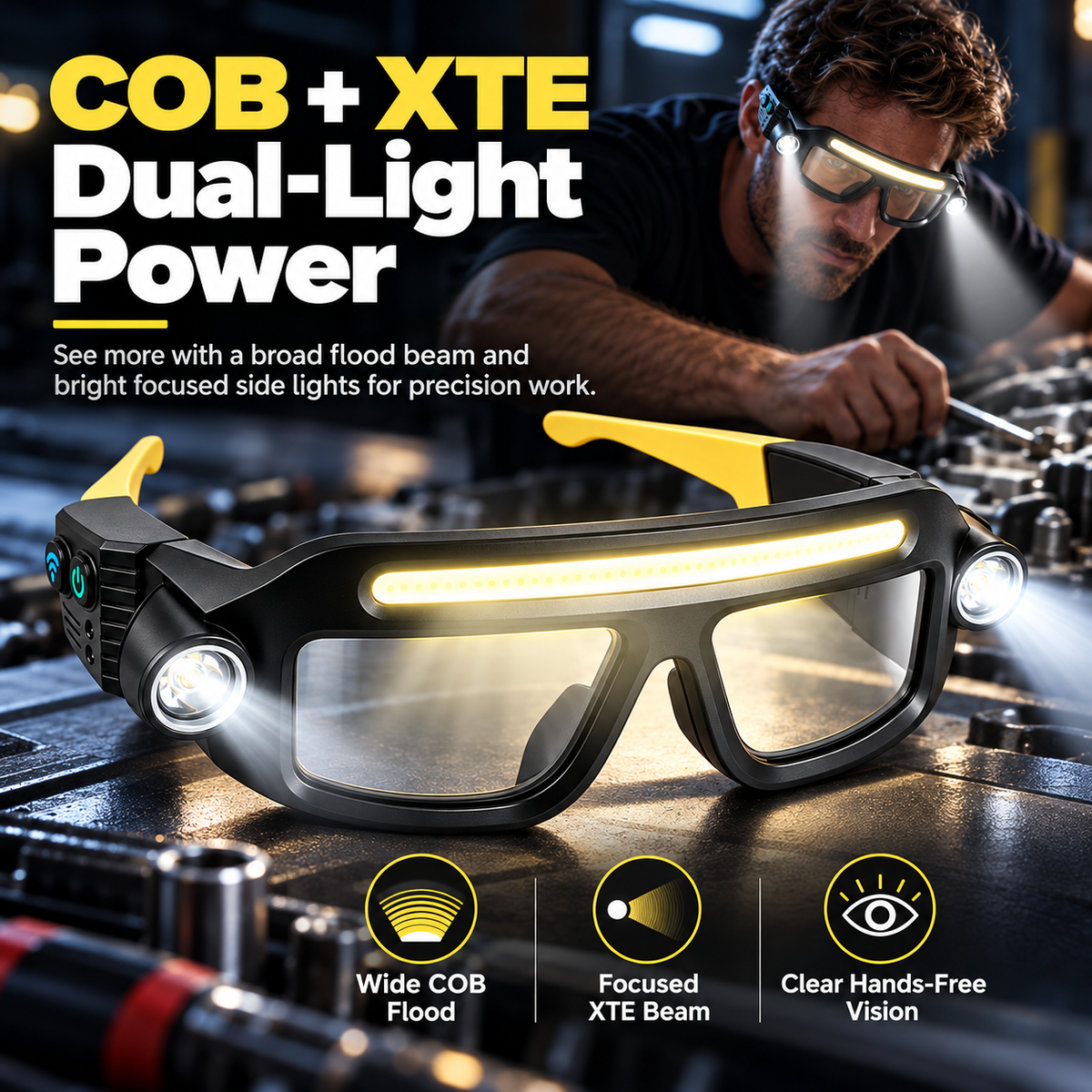 🔦 Hands-Free LED Glasses Headlamp – COB + XTE Ultra-Bright Lighting for Auto Repair, DIY & Outdoor Adventures ⚡