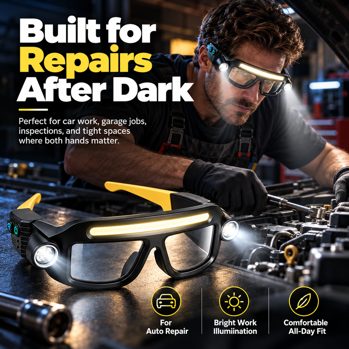 🔦 Hands-Free LED Glasses Headlamp – COB + XTE Ultra-Bright Lighting for Auto Repair, DIY & Outdoor Adventures ⚡