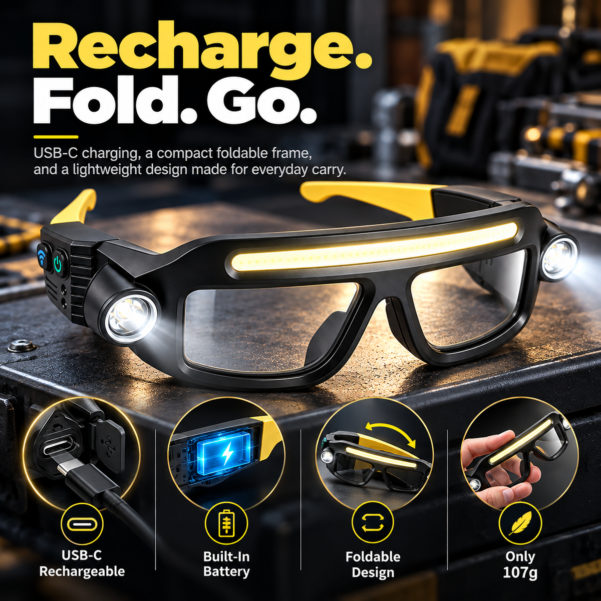 🔦 Hands-Free LED Glasses Headlamp – COB + XTE Ultra-Bright Lighting for Auto Repair, DIY & Outdoor Adventures ⚡