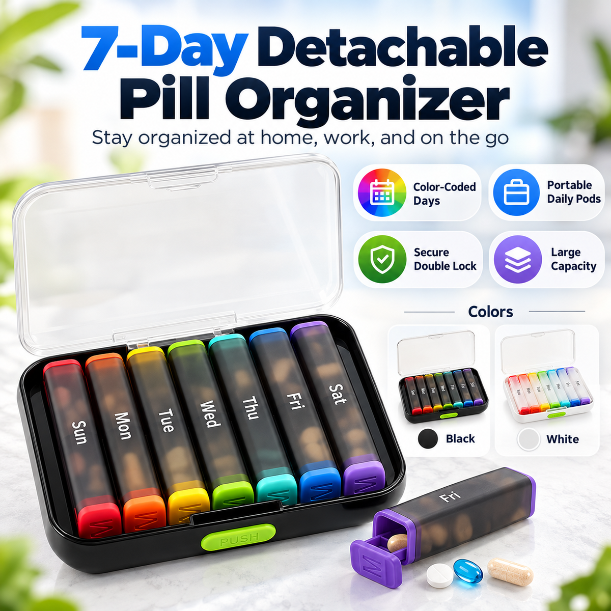 💊 7-Day Detachable Pill Organizer – 🌈 Color-Coded, Large Capacity & Travel-Friendly ✈️