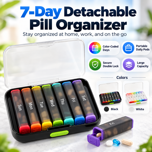 💊 7-Day Detachable Pill Organizer – 🌈 Color-Coded, Large Capacity & Travel-Friendly ✈️