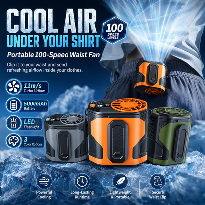 TurboBreeze™ 100-Speed Waist Fan — Powerful Cooling Under Your Shirt, Hands-Free Anywhere ❄️