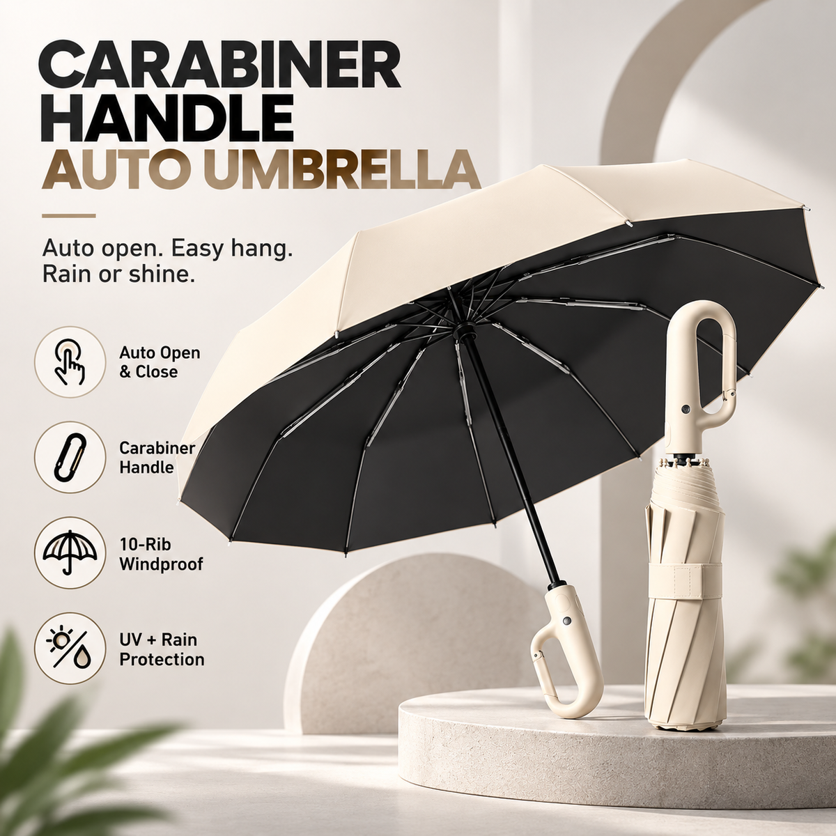 ☔ 10-Rib Automatic Umbrella – Carabiner Handle, Windproof & UV Protection | One-Touch Open & Close
