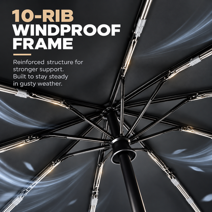 ☔ 10-Rib Automatic Umbrella – Carabiner Handle, Windproof & UV Protection | One-Touch Open & Close