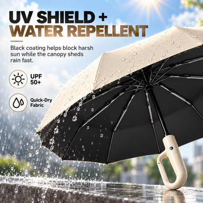 ☔ 10-Rib Automatic Umbrella – Carabiner Handle, Windproof & UV Protection | One-Touch Open & Close