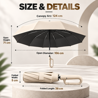 ☔ 10-Rib Automatic Umbrella – Carabiner Handle, Windproof & UV Protection | One-Touch Open & Close